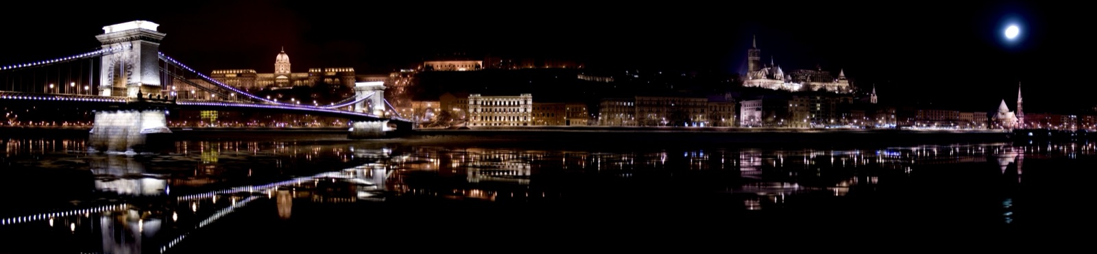 Budapest night panorama — Chain Bridge and Buda Castle from the Danube