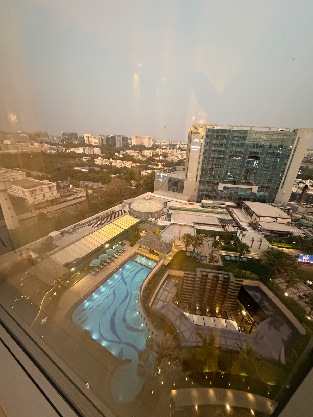 Bengaluru Marriott Hotel Whitefield rooftop pool at dusk