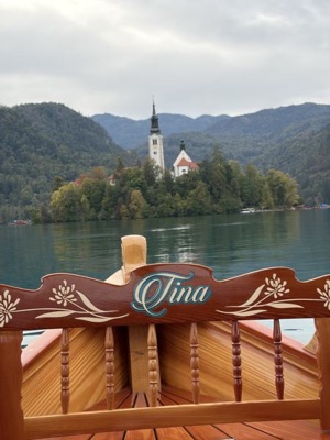 View of Bled Island from the bow of a pletna boat