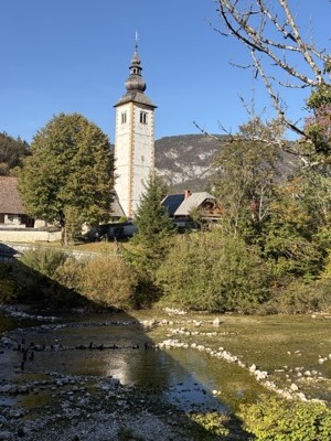 Church of St. John the Baptist by the river at Lake Bohinj