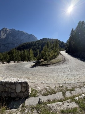 A cobbled hairpin bend on the Vršič Pass road