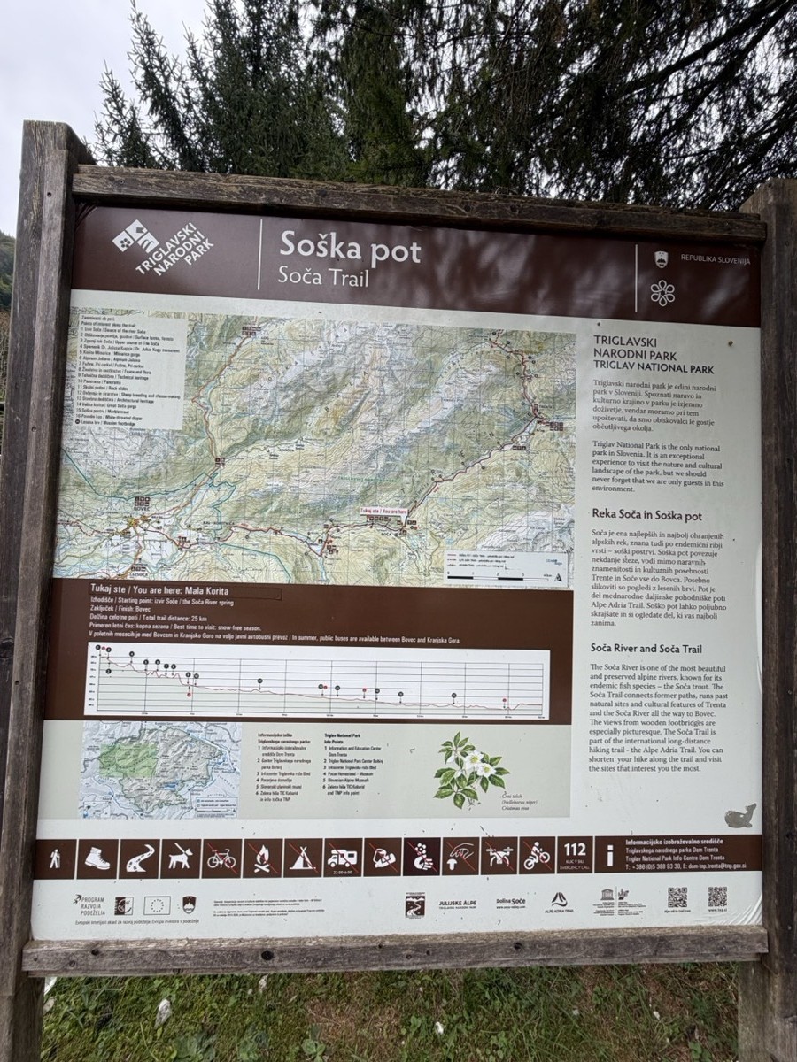 Soča Trail information board with a route map