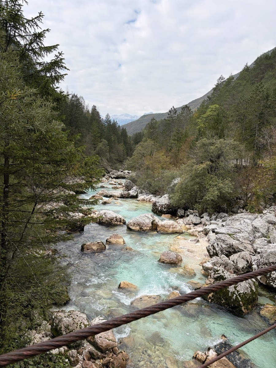 The Soča river seen from a suspension bridge